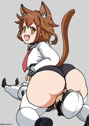 admiral_(kantai_collection) anus_peek ass black_panties blush brown_hair butt cat_tail curvy eyebrows_visible_through_hair facesitting female flat_chest hat highres huge_ass ikazuchi_(kantai_collection) kantai_collection long_sleeves looking_at_viewer looking_back lying oerba_yun_fang on_back open_mouth panties partially_visible_anus shimetta_masuta simple_background sitting sitting_on_face sitting_on_person tail thick_thighs thighhighs thighs underwear white_headwear white_legwear wide_hips