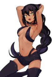 armpits big_breasts braided_hair breasts cat_ears choker dark-skinned_female dark_skin female jahy jahy_sama_wa_kujikenai! konbu_wakame long_hair purple_hair short_shorts shorts smug straps tagme thick_thighs thigh_highs yellow_eyes