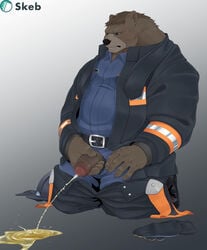 1boy 2021 anthro belly blush bodily_fluids bottomwear brown_body censored clothing firefighter fur furry genital_fluids genitals hi_res humanoid_genitalia humanoid_hands humanoid_penis kemono kumao male male_only mammal overweight overweight_male pants peeing penis shirt simple_background solo topwear urine ursid