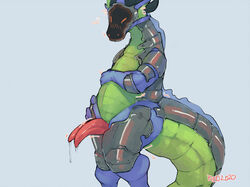 anthro armor belly black_horn blue_body blue_skin blush bodily_fluids closed_eyes diphallia diphallism dragon dripping embarrassed erection frill_(anatomy) genital_fluids genitals green_body green_membrane green_skin hand_on_hip hand_on_stomach horizontal_diphallism horn hybrid leaking_precum machine male membrane_(anatomy) membranous_frill motion_lines multi_genitalia multi_penis multicolored_body multicolored_skin penis pink_penis precum precum_drip redishdragie robot simple_background slightly_chubby solo sweat sweatdrop synth tapering_penis thick_tail two_tone_body two_tone_skin white_background