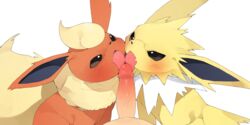 ambiguous_gender blush eeveelution feral flareon genitals group hi_res human interspecies jolteon licking licking_tongue male mammal nintendo oral penile penis penis_lick pokémon_(species) poképhilia pokemon sex tongue tongue_out vein veiny_penis video_games youjomodoki