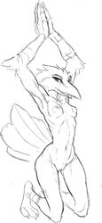 2021 anthro athletic avian beak breasts clitoral_hood elbow_tufts feathers female hands_above_head hands_together_elbows_apart hi_res kneeling lakeslug looking_at_viewer navel open_mouth simple_background slim small_waist solo tail_feathers talons tongue white_background