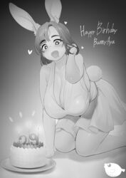 1girls 2021 animal_ears arm_support arm_up bare_shoulders blush breasts bunny_ayumi bunny_ears bunny_tail cake clothed clothed_female dress female female_only happy_birthday heart heart-shaped_pupils high_resolution huge_breasts kneeling looking_down monochrome open_mouth shirofugu short_hair simple_background tagme