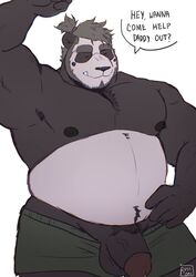 2021 anthro balls belly black_body closed_eyes cute_fangs english_text flaccid genitals giant_panda hi_res humanoid_genitalia humanoid_hands humanoid_penis male mammal nipples overweight overweight_male penis ruslorc simple_background solo text ursid white_background white_body