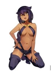 big_breasts booty_shorts braid braided_hair breasts choker dark-skinned_female dark_skin female jahy jahy_sama_wa_kujikenai! konbu_wakame long_hair pointy_ears purple_hair shoes short_shorts shorts smug straps tagme thick_thighs thighs yellow_eyes