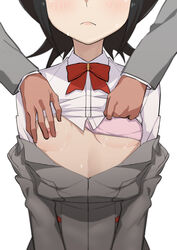 1boy 1boy1girl 1girls black_hair bleach blush bow bowtie bra bra_lift breast_grab breasts clothes_lift embarrassed faceless_male female female grabbing head_out_of_frame highres kuchiki_rukia lifted_by_another long_sleeves male male/female male_hand male_with_female morisobo nipples open_clothes out_of_frame petite school_uniform shirt shirt_lift short_hair simple_background small_breasts smaller_female solo solo_focus standing underwear upper_body white_background