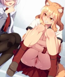 2girls 846-gou animal_ears anus bangs black_dress black_legwear blush breasts dress fate/extra fate/extra_ccc fate/extra_ccc_fox_tail fate/grand_order fate_(series) female_pubic_hair fox_ears fox_girl fox_tail glasses grey_jacket grin hair_over_one_eye highres jacket kneehighs large_breasts light_purple_hair long_hair long_sleeves looking_to_the_side mash_kyrielight multiple_girls necktie no_panties open_clothes open_jacket open_mouth orange_eyes orange_hair pantyhose pubic_hair pussy red_legwear red_scrunchie red_skirt school_uniform scrunchie shirt short_hair short_sleeves sidelocks skirt smile squatting suzuka_gozen_(fate) tail thighs white_shirt wrist_scrunchie