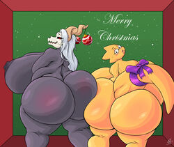 accessory alphys american_mythology anthro arcturus_wendigo ashardy ass ass_to_ass bedroom_eyes big_breasts big_butt big_tail black_body black_sclera blush bone breasts christmas curvy_figure duo english_text female furgonomics hair hip_to_hip holidays huge_breasts huge_butt huge_hips huge_thighs hyper hyper_breasts hyper_butt hyper_hips indigenous_north_american_mythology lips lizard looking_at_viewer looking_back looking_back_at_viewer love_handles mythology narrowed_eyes nipples non-mammal_breasts non-mammal_nipples north_american_mythology open_mouth open_smile ornament overweight overweight_anthro overweight_female portrait rear_view red_eyes reptile ribbons scales scalie seductive sharp_teeth simple_background skull skull_head smile tail_accessory tail_ribbon teeth text thick_lips thick_tail thick_thighs three-quarter_portrait undertale undertale_(series) voluptuous wendigo white_hair wide_hips yellow_body yellow_scales