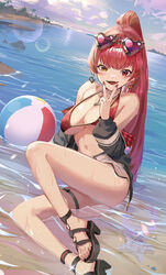 absurdres ball bangs beach beachball bikini bikini_top black_footwear black_jacket blush breasts cloud collarbone commentary_request dolphin_shorts earrings eyewear_on_head female halter_top halterneck hand_up heart heart-shaped_eyewear heart_earrings heart_glasses heart_necklace heterochromia high_heels highres hololive hololive_fantasy hololive_japan houshou_marine jacket jacket_off_shoulders jewelry kawa683 lens_flare long_hair long_sleeves looking_at_viewer medium_breasts nail_polish navel ocean oerba_yun_fang open_clothes open_jacket open_mouth outdoors palm_tree ponytail red_bikini red_eyes red_hair red_nails short_shorts shorts sitting skin_fang skindentation sky solo starfish stomach summer swimsuit thigh_strap tree v virtual_youtuber water white_shorts yellow_eyes