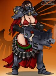 1girls adepta_sororitas armor bikini firearm fleur-de-lis gas_mask imperium_of_man large_breasts purity_seal romman08 sister_of_battle solo solo_female warhammer_(franchise) warhammer_40k weapon