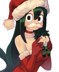 1girls :3 bare_shoulders christmas christmas_clothing christmas_outfit costume fake_mustache female female_focus female_only green_hair izuku_midoriya long_hair my_hero_academia plushie plushification red_dress santa_costume santa_hat solo solo_female sookmo source_request strapless_dress tight_clothing tsuyu_asui wholesome