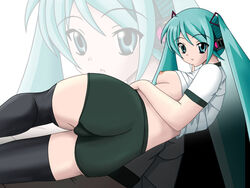 ass black_thighhighs blue_hair female funakiya_shiichi green_eyes hatsune_miku large_breasts looking_back lying_on_side shirt_lift shorts solo thighhighs twintails vocaloid