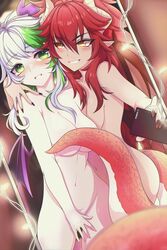 2girls alfyria blue_hair covered_nipples covering_crotch dragon_girl female female/female female_focus female_only froot green_eyes horn lich mirror mirror_selfie multiple_girls nude nude_female painted_nails phone pointy_ears red_hair selfie sharp_fingernails tail tentacle virtual_youtuber vshojo wings yellow_eyes zentreya