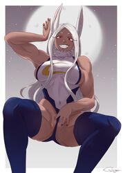 1girls abs animal_ears breasts brown_skin dark-skinned_female estirge female_only fit_female gym humanoid miruko my_hero_academia pubic_hair rabbit_ears red_eyes rumi_usagiyama slim thighs waist white_hair wide_hips