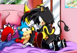 1boy 2girls 5_fingers absurd_res anthro archie_comics arm_sleeves armwear ass bbmbbf becky_the_hedgehog bed big_breasts black_body black_fur black_hair blue_body blue_eyes blue_fur breasts clothes_on_bed clothes_on_floor digital_media_(artwork) domestic_cat erection fan_character feline female ffm_threesome fingerless_gloves furry gloves green_eyes hair_accessory hair_ornament hairband handwear hedgehog hi_res honey_the_cat kneeling long_hair looking_back male mobian_(species) mobius_unleashed open_mouth original_character palcomix penetration penis purity_the_hedgehog sega shoes sonic_(series) sonic_fan_characters sonic_oc sonic_team sonic_the_fighters sonic_the_hedgehog_(archie) sonic_the_hedgehog_(comics) sonic_the_hedgehog_(series) sqrt2:1 tail threesome twintails vaginal_penetration wings yellow_fur