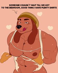 2021 abs absurd_res anthro beanie big_muscles big_pecs blush bodily_fluids canid canine canis clothing dialogue disembodied_hand doggonut domestic_dog dough_(doggonut) english_text eyebrows hands_behind_back hat headgear headwear heart hi_res licking licking_lips licking_own_lips long_ears male male_only mammal muscle_worship muscular muscular_anthro muscular_male narrowed_eyes navel nipple_fetish nipple_pinch nipple_play nipples pec_grasp pec_squeeze pec_squish pecs pinch pink_background scar self_lick shirt simple_background smile solo squish sweat text thisishomo tongue tongue_out topwear torn_clothing torn_shirt torn_topwear