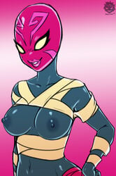 1girls bandages blue_body blue_skin breasts breasts_out exposed_breasts female female_only guacamelee luchadora mask masked masked_female medium_breasts nipples revtilian smile tostada