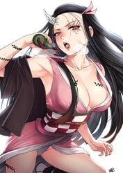 aged_up armpit armpit_fetish big_breasts black_hair body_markings cleavage demon_girl demon_slayer fangs female female_only gag_bondage gag_removed hair_ribbon haori horn kamado_nezuko kimetsu_no_yaiba kimono long_hair looking_at_viewer no_bra obi open_mouth panties red_eyes saliva_trail sharp_fingernails sleeveless slit_pupils solo sweat visible_breath white_panties xtermination