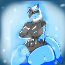 1girls abs bloodtail blue blue_background female fluffy furry hips huge_areola huge_breasts huge_hips huge_thighs large_ass latex lucario pokemon pokemon_(species) puffy_nipples solo standing thick_thighs