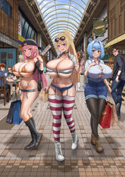 2boys 4girls ahoge alissa_(boobydoody64) bag bandeau bare_shoulders baseball_cap belt big_breasts bikini black_choker black_footwear black_legwear black_shirt blonde_hair blue_hair blue_nails blue_shorts boots breasts breasts_bigger_than_head brown_footwear bursting_breasts choker cleavage collared_shirt commission crepe crop_top cross-laced_footwear eyewear_on_head female fingernails food gluteal_fold green_eyes groin hair_intakes hair_ornament hat heart heart_tattoo highleg highleg_bikini highres holding holding_bag holding_food huge_breasts ilyana_(boobydoody64) jealous jennalynn_(boobydoody64) lace-up_boots licking_lips light-skinned_female light_skin long_hair looking_at_viewer male micro_bikini micro_shorts mole mole_under_mouth multiple_boys multiple_girls nail_polish navel open_clothes open_shirt open_shorts orange_bikini original pantyhose pink_eyes pink_hair pink_nails ponytail public purple_eyes shirt shirt_tucked_in shoes shorts silvertsuki skindentation standing staring straining_buttons string_bikini striped striped_legwear sunglasses swimsuit tattoo thighhighs tied_shirt tight_clothing tongue tongue_out twitter_username very_long_hair white_footwear white_shirt wing_collar