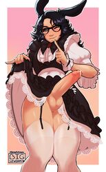 1boy artist_signature balls biglewdnai black_hair bunny_ears color crossdressing erection femboy final_fantasy final_fantasy_xiv full_body garter_straps glasses heart-shaped_pupils huge_cock lace maid maid_uniform male male_only pink_background precum skirt skirt_lift testicles thighhighs viera wink