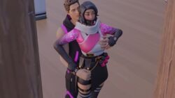 16:9 3d blender blush dressed female fortnite hi-hat_(fortnite) hugging_from_behind male teasing touching_breast vi_(fortnite)