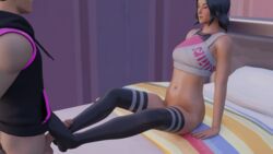 16:9 1boy 1girls 3d belly_button blender blush feet_on_penis footjob fortnite half-dressed hi-hat_(fortnite) looking_at_partner masturbation penis sitting_on_bed socks sweat vi_(fortnite)