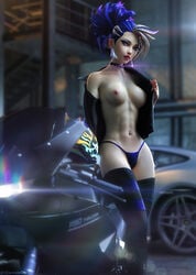 1girls abs akali car choker female female_only k/da_all_out_akali k/da_all_out_series k/da_series league_of_legends leather_jacket lipstick medium_breasts motorcycle motorcycle_helmet outdoors panties public skinny solo tagme therealzoh thighhighs topless