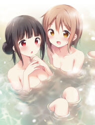 2girls :d afloat bangs bath bathing black_hair blush breasts brown_eyes brown_hair collarbone commentary_request eyebrows_visible_through_hair hazuki_(sutasuta) highres medium_breasts multiple_girls nude open_mouth original partially_submerged red_eyes sidelocks sitting small_breasts smile towel water wet