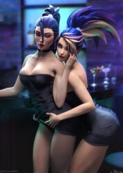 2girls 3d akali big_breasts blue_hair blurry_background choker cocktail_glass dress dress_lift female female_only hoop_earrings k/da_all_out_akali k/da_all_out_kai'sa k/da_all_out_series kai'sa large_breasts league_of_legends lesbian minidress multiple_girls panties strapless_dress tagme therealzoh yuri