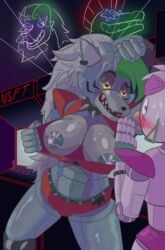 animatronic anthro arm_warmers big_breasts black_nose breasts canid canine canis chicken clothed clothing_pull colored_nipples ear_piercing eyebrows female fingers five_nights_at_freddy's five_nights_at_freddy's:_security_breach fur furry glamrock_chica_(fnaf) gray_hair green_hair huge_breasts mammal mammal_humanoid nipples nsft purple_eyeshadow robot robot_girl robotic roxanne_wolf_(fnaf) video_games wolf yellow_eyes