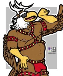 accipitrid accipitriform anthro antlers avian bald_eagle beak bell bell_harness bird brown_body brown_feathers bulge cerdeorhys eagle eyewear fake_antlers feathered_wings feathers grey_background hand_on_hip harness hi_res horn humanoid jingle_bell jingle_bell_harness male pose sea_eagle simple_background smile solo solo_focus sunglasses tongue white_body white_feathers wings yellow_beak yellow_body yellow_skin