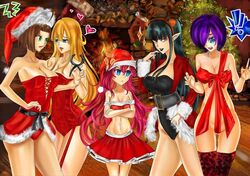 5girls black_hair blonde_hair blue_eyes brown_hair christmas christmas_outfit elizabeth_bathory_(majo_taisen) female female_only green_eyes jeanne_d'arc_(majo_taisen) long_hair majo_taisen maria_antonieta_(majo_taisen) multiple_girls orange_hair red_eyes red_hair ribbon ribbon_bondage ribboned_body santa_costume santa_hat short_hair size_difference tomoe_gozen_(majo_taisen) vodka_(pixiv24807234) yuri