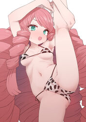 1girls :d animal_print aqua_eyes arm_around_leg armpits arms_up bangs bare_shoulders bikini blush breasts collarbone cow_print cowboy_shot drill_hair eyebrows_visible_through_hair female halterneck headdress highres leg_up long_hair maid_headdress medium_breasts micro_bikini navel open_mouth original pink_hair side-tie_bikini sidelocks simple_background skindentation smile solo solo_female spread_legs sumiyao_(amam) sweat swept_bangs swimsuit very_long_hair white_background