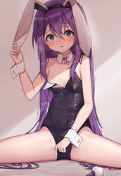 absurdres animal_ears aqua_eyes black_leotard breasts bunny_ears chance_(artist) commentary_request detached_collar fake_animal_ears fake_tail female female hair_between_eyes highres idolmaster idolmaster_million_live! leotard long_hair mochizuki_anna nail_polish playboy_bunny purple_hair purple_nails rabbit_ears rabbit_tail simple_background solo spread_legs strapless strapless_leotard tail tears thighs wrist_cuffs