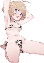 1girls :d animal_print antenna_hair armpits arms_up bangs bare_shoulders bikini blonde_hair blue_eyes blunt_bangs blush breasts collarbone cow_print eyebrows_visible_through_hair female full_body gluteal_fold halterneck highres looking_at_viewer medium_breasts micro_bikini monocle navel on_floor open_mouth original short_hair side-tie_bikini simple_background sitting smile solo solo_female spread_legs string_bikini sumiyao_(amam) sweat swimsuit wariza white_background