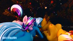 16:9 3d 3girls anthro athletic_female blue_body christmas christmas_lights christmas_tree digital_media_(artwork) equestria_girls equid equine female female/female female_only friendship_is_magic furry group hi_res holidays looking_at_viewer looking_back mammal melvelvin my_little_pony nude orange_body pink_body plant starlight_glimmer sunset_shimmer tree trixie_(mlp) watermark widescreen