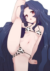 1girls :d animal_print arm_support bangs bare_shoulders bikini blue_hair blush breasts collarbone cow_print cowboy_shot female halterneck highres holding_leg kneepits leg_up long_hair micro_bikini navel open_mouth original parted_bangs purple_eyes side-tie_bikini sidelocks simple_background skindentation small_breasts smile solo solo_female split standing standing_on_one_leg standing_split string_bikini sumiyao_(amam) swimsuit very_long_hair white_background