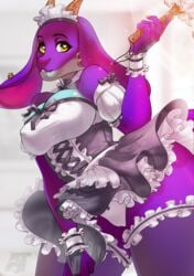 big_breasts claws cute furry horns kobold maid maid_dress maid_uniform omniktwr panties piercings purple_skin reyna_(omniktwr) scalie tail yellow_eyes