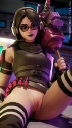 3d black_hair black_lipstick bottomless drunken.drigg fortnite glasses headset jawbreaker_(fortnite) pussy self_upload