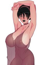 1girls aged_up alternate_breast_size armpits arms_above_head arms_up avatar_the_last_airbender big_breasts black_hair black_lipstick blind blind_girl breasts_bigger_than_head breasts_visible_through_clothing clothing eyebrows_visible_through_hair female female_focus female_only goph green_eyes huge_breasts large_breasts light_skin lipstick morganagod nightgown see-through see-through_clothing solo toph_bei_fong translucent_clothing white_background