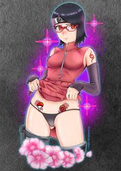 1girls alternate_breast_size arm_tattoo arm_warmers armwear belly_tattoo black_hair blush boruto:_naruto_next_generations bottomless breasts cropped_legs embarrassed eyewear female female_only flowers forehead_protector gaikokujin_tats glasses headband high_collar konohagakure_symbol kunoichi leg_strap lifted_by_self long_hair naruto ninja panties petals petplay pinup_pose presenting presenting_belly red-framed_glasses red_eyes sarada_uchiha sharingan shirt shirt_lift solo solo_focus symbol tattoo thighhighs uchiha_symbol undressing uzumaki_symbol zipper