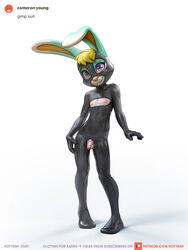 2021 animal_crossing anthro balls bdsm_suit blonde_hair blue_eyes bondage clothed clothing digital_media_(artwork) english_text fingers flaccid foreskin fur furry furry_only genitals gimp gimp_mask gimp_suit green_body green_fur hair humanoid_genitalia humanoid_penis kotyami lagomorph leporid looking_at_viewer male male_only mammal mask multicolored_body multicolored_fur nintendo nipples penis pink_nose plantigrade pose rabbit rubber rubber_clothing rubber_suit sasha_(animal_crossing) simple_background small_penis smile solo text tight_clothing two_tone_body two_tone_fur url video_games white_background white_body