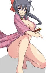 animal_ears bell black_hair blue_hair bottomless bow breasts cat_ears collar erect_nipples female floral_print hairbow himari_noihara_(omamori_himari) japanese_clothes jingle_bell katana large_breasts legs long_hair looking_at_viewer minato_satoi naughty_face no_bra omamori_himari one_knee open_clothes payot ponytail purple_eyes simple_background solo sword thighs tied_hair weapon white_background