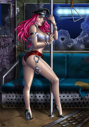 armband ass bracelet breasts candra cap capcom choker earrings erect_nipples final_fight handcuffs hat high_heels hoop_earrings hot_pants long_hair magenta_hair pink_hair poison_(final_fight) pole smile stripper stripper_pole subway