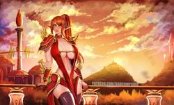 1girls abs badcompzero big_breasts blood_elf breasts cleavage female female_only large_breasts looking_at_viewer nearie solo thighhighs world_of_warcraft