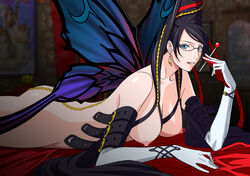 bayonetta bayonetta_(character) beauty_mark bed black_hair blue_eyes breasts butterfly butterfly_wings chains earrings glasses hair_bun jewelry lollipop long_hair lying mole nipples red_ribbon ribbon rudoni sega very_long_hair wings