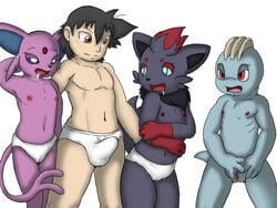 1boy 3girls age_regression anthro black_fur black_hair blue_eyes briefs brown_eyes canine eeveelution erection espeon female female_machop fingering flat_chest fur furry human machop male mammal nintendo nipples panties pokemon pokemon_(species) purple_fur purple_sclera pussy red_eyes simple_background underwear white_background zorua