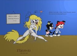 1990s 1999 20th_century 2girls animaniacs anthro black_eyes blonde_hair blue_eyes clothing dot_warner female female_only flower heart minerva_mink mink multiple_girls nude skirt wakko_warner