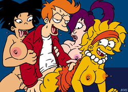 20th_century_fox 20th_century_studios aged_up all_fours amy_wong asian bent_over crossover doggy_style female fox_corporation from_behind futurama gracie_films harem human interracial lisa_simpson male nev philip_j_fry straight tagme the_simpsons turanga_leela yellow_body